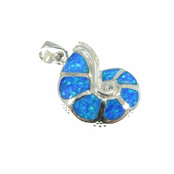 Solid 925 Sterling Silver and Blue Opal Nautilus Seashell Ammonite Pendant - Picture 7 of 10